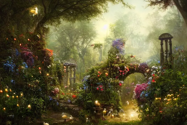 Image similar to gateway to fairyland, fireflies, mushrooms, multicoloured flowers, the secret garden. the hidden garden. private garden. andreas achenbach, artgerm, mikko lagerstedt, zack snyder, tokujin yoshioka