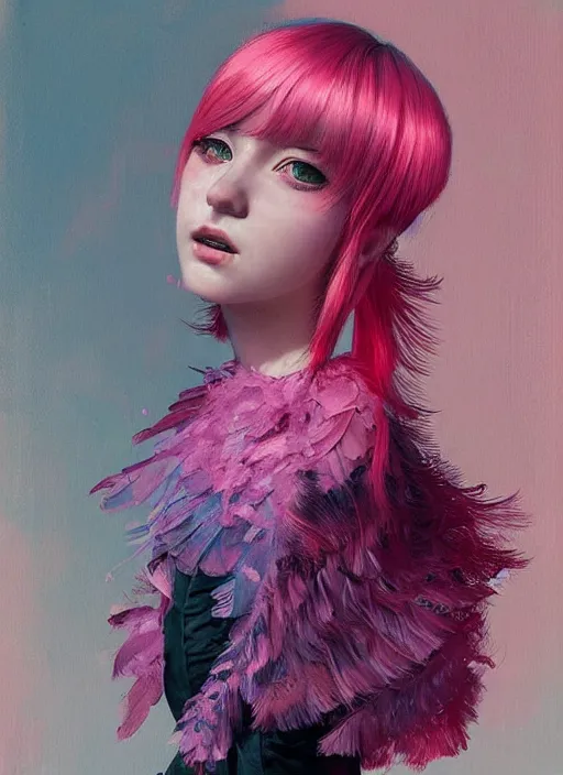 Image similar to beautiful teen girl with an eccentric pink haircut wearing an dress made of feathers, artwork made by ilya kuvshinov, inspired in donato giancola, anatomically perfect