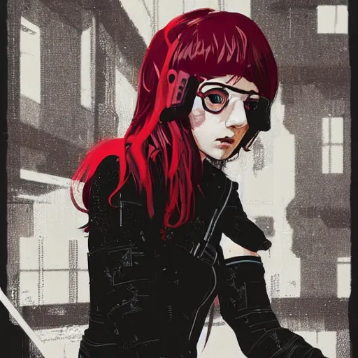 Image similar to Highly detailed portrait of a post-cyberpunk young lady with, freckles and cool hair by Atey Ghailan, by Loish, by Bryan Lee O'Malley, by Cliff Chiang, inspired by image comics, inspired by graphic novel cover art, inspired by nier, inspired by scott pilgrim !! Gradient red, black and white color scheme ((grafitti tag brick wall background)), trending on artstation