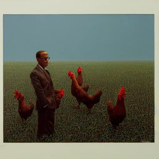 Image similar to gustavo fring and chickens as a zdzisław beksinski painting