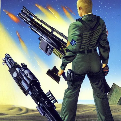 Image similar to an action portrait of fox mccloud holding a blaster, suspenseful, heroic, by peter elson