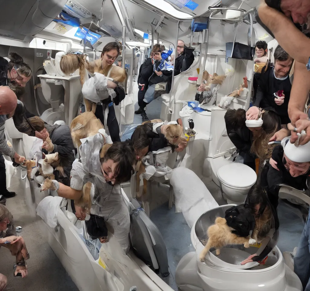 Image similar to people were flushing their cats down the toilet. this was for a charity, unspecified but highly regarded. people were on the train, looking at artefacts from outer space, listening to talk show djs discussing how to route your cat to the most profitable endpoint in the sewage system