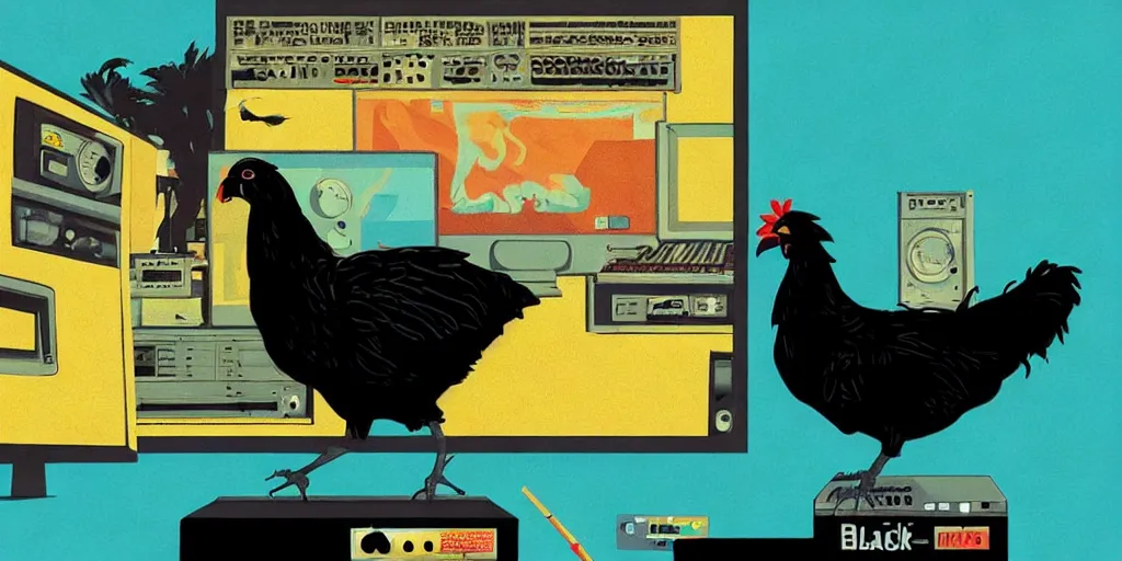 Image similar to 'black chicken'!!! smoking 'cannabis'!!!!!! in front of 'audio console'!!!! and 'multi monitors'!!!! 'in a hi-tech tv broadcasting studio'!!!!, artwork by James Gilleard