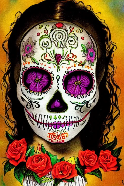 Prompt: Illustration of a sugar skull day of the dead girl, art by Salvador Dali