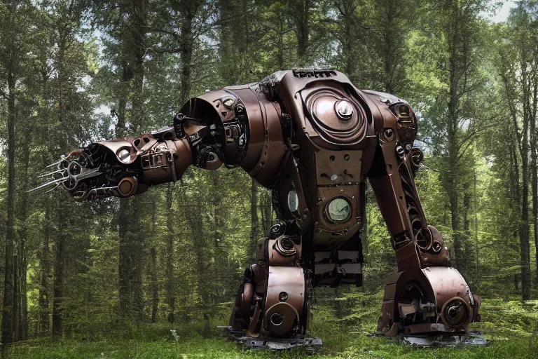 Image similar to steampunk colossal mech robot travels across a swedish forest very low angle photograph trending on artstation