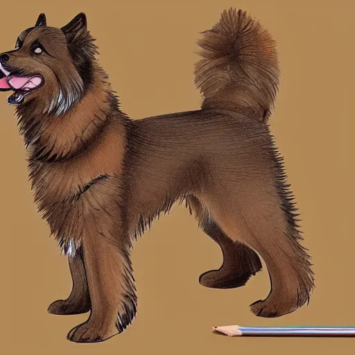 Image similar to detailed drawing of an excited brown and tan domino finnish lapphund, studio ghibli art style