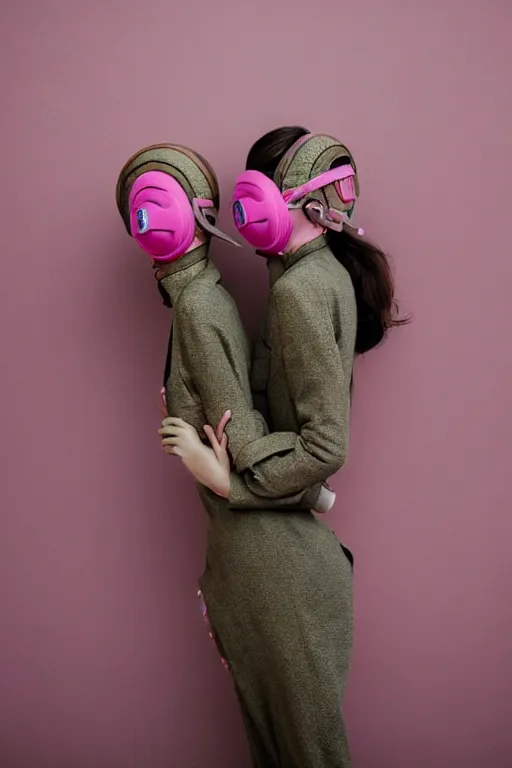 Image similar to a surreal portrait of intertwined and contorted figures wearing gas mask next to a pink wall in the style of brooke didonato, editorial fashion photography from vogue magazine, full shot, nikon d 8 1 0, ƒ / 2. 5, focal length : 8 5. 0 mm, exposure time : 1 / 8 0 0, iso : 2 0 0