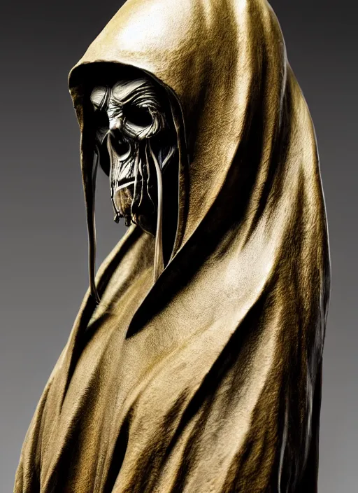 Prompt: photo taken of an epic intricate, ultra detailed, super realistic sculpture of a timeless hooded grim reaper sculpture on display in a workshop, created by weta, low angle, photorealistic, sharp focus, f 0. 4, golden ratio