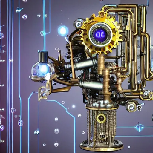 Prompt: a person inventing a quantum ai computer, steampunk