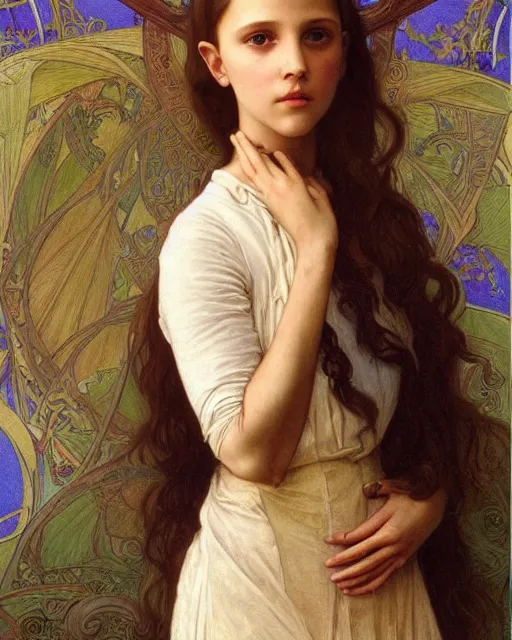 Image similar to an art nouveau painting of a girl resembling alicia vikander or millie bobby brown in an oversize t - shirt, highly detailed, intricate, artstation, by donato giancola and william adolphe bouguereau