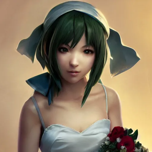 Image similar to 2 5 year old!! yuffie kisaragi in a wedding dress, cg animation, riot entertainment, arcane, realistic, character select portrait, by artgerm, greg rutkowski, alphonse mucha, 3 d