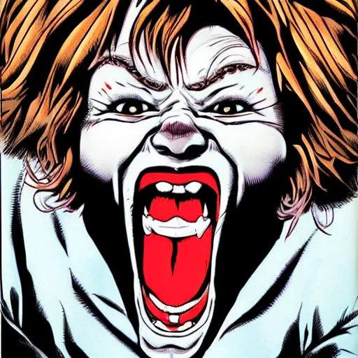 Image similar to a portrait of young chucky doll screaming by arthur adams