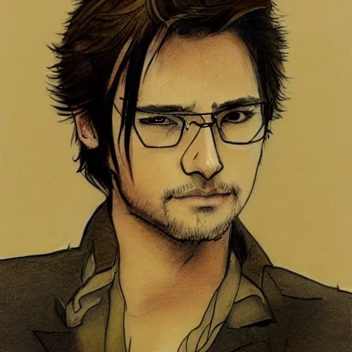 Image similar to self portrait, young handsome man with short light brown hair and light sking holding a pug for a picture, pencil art, added detail, high definiton, colored, backfacing, by yoji shinkawa