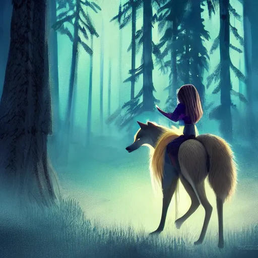 Prompt: medium shot young girl, blond hair green eyes, riding a gray wolf, in a dark forest, mysterious, backlit, beautiful still from a pixar dreamworks movie, trending on artstation