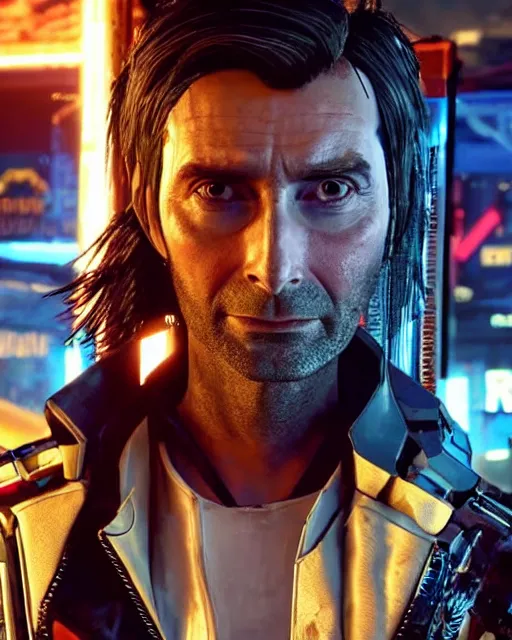 Image similar to David Tennant in the role of Johnny Silverhand from Cyberpunk 2077, amazing short, 8K, IMAX, ultra detailed