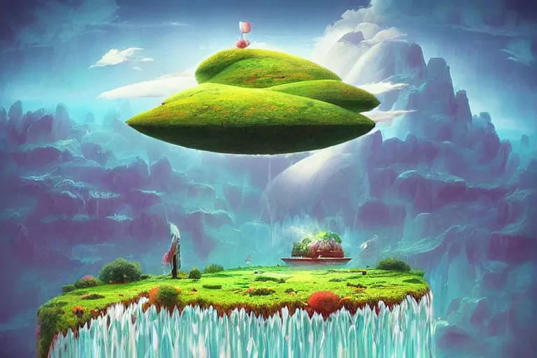 Image similar to surreal glimpse into other universe, floating island in the sky, waterfall, summer morning, very coherent and colorful high contrast, art by!!!! gediminas pranckevicius!!!!, geof darrow, dark shadows, hard lighting