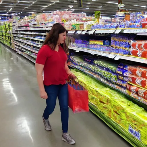 Prompt: goblin casually shopping at walmart, photograph