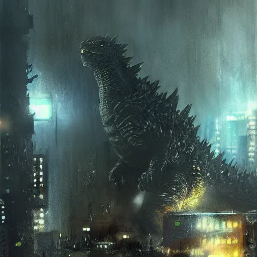 Image similar to godzilla by jeremy mann, dark cyberpunk style