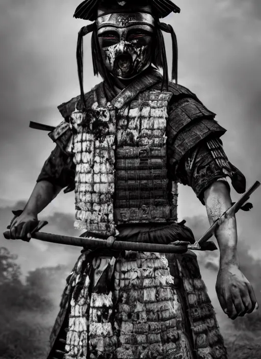 Image similar to samurai portrait photo, wearing all black mempo mask, after a battle, war scene, dirt and unclean, extreme detail, cinematic, dramatic lighting render, extreme photorealism photo by national geographic, jeff leg, masterpiece