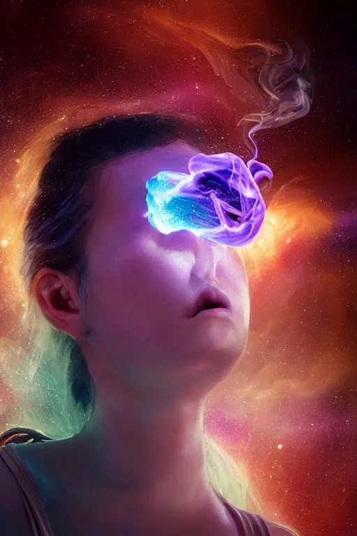 Image similar to a stoner girl blowing smoke that turns into a galactic nebula, dramatic lighting, cinematic, establishing shot, extremely high detail, foto realistic, cinematic lighting, post processed, concept art, high details, cinematic, 8k resolution, beautiful detailed, photorealistic, digital painting, artstation, concept art, smooth, sharp focus, artstation trending, octane render, unreal engine