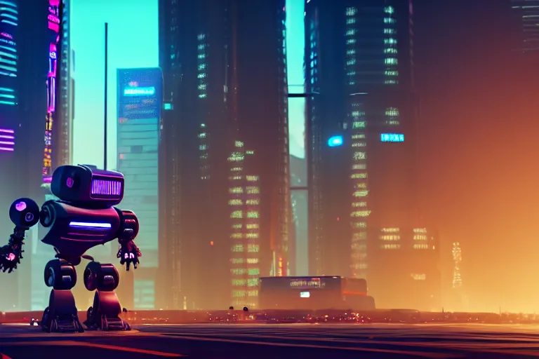 Image similar to a cute big robots in at cyberpunk city. super realistic 8 k render of a elegant, cinematic composition