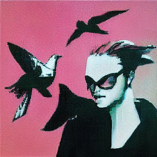 Prompt: the progressive rasterization of a bird, from a mechanical one into a pixel one, pink - noir oil on canvas by dave mckean and yoji shinkawa