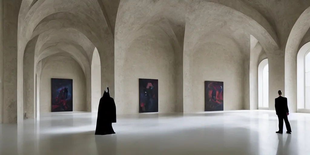 Image similar to Batman standing in giant Italian modern castle living room, clean minimalist design, that is 1300 feet tall, with very tall giant walls filled with modern art paintings, doors that are cosmic portals, photo by Annie Leibovitz