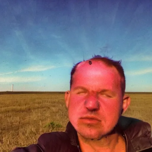 Prompt: radiation eats a ukrainian alive a selfie a second before death, against the backdrop of a huge nuclear explosion from which the skin has already burned to the bone