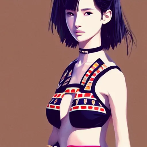 Image similar to a beautiful young japanese natalie portman alluring gravure model, stylized concept art, wearing elegant designer bomber jacket and one piece bikini, bomber jacket with mesoamerican patterns, mesoamerican native street fashion, princess mononoke, painted by ilya kuvshinov aesthetic, gorgeous, stunning, alluring, attractive, artstation, pinterest, digital art