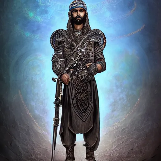 Image similar to “ full body, afghan warrior, an afghan male type, standing in - front of the kaa ’ ba, highly intricate detailed, light and shadow effects, intricate, highly detailed, digital painting, art station, concept art, smooth, sharp focus, illustration, advanced digital art, atmospheric lighting, detailed face, 8 k, hq ”