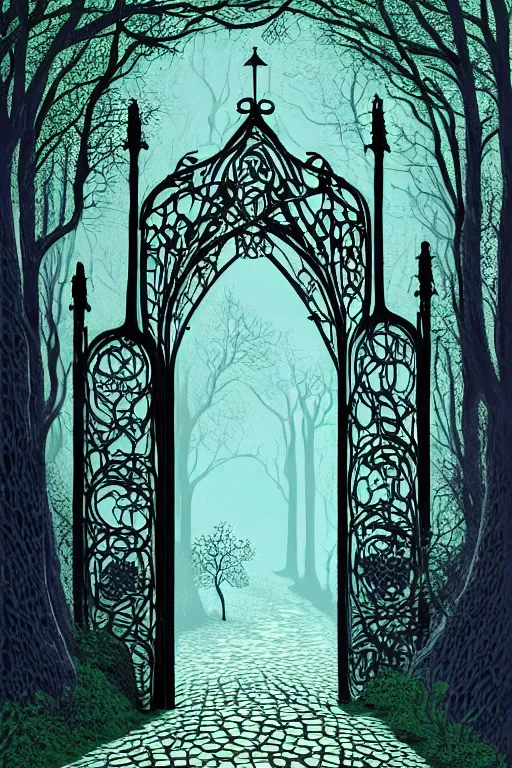 Prompt: beautiful digital painting high quality heavy iron gothic gate in the woods cobblestone ground by Eyvind Earle , ,artstation behance