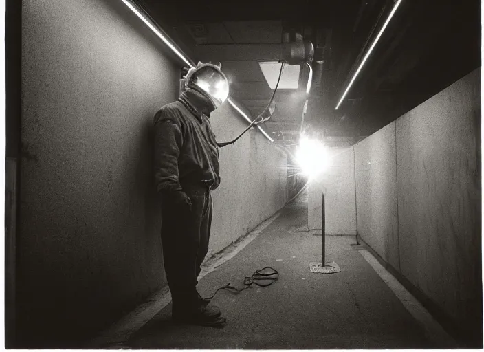 Prompt: welder in welding mask in a subway, ominous lighting, by richard avedon, tri - x pan stock