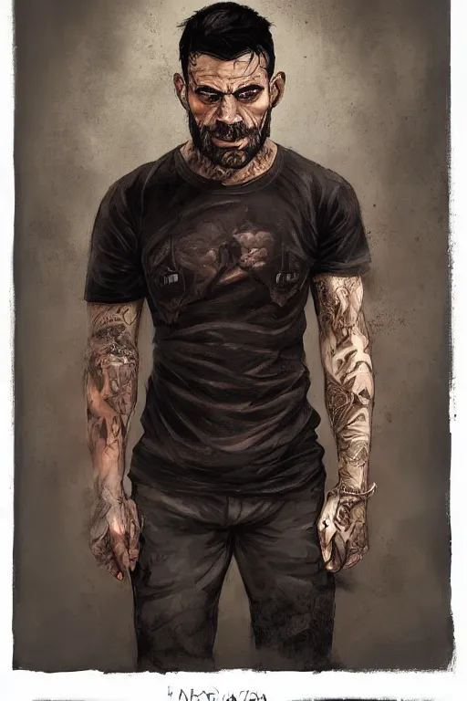 Prompt: very detailed portrait of a rugged man in his early thirties, strong jaw, ( ( deep black eyes ) ), ( ( ( latino features ) ) ), wearing a black!! t - shirt, earthy color scheme, by wlop and krenz cushart and artgerm, detailed eyes, starry background, trending, on artstation.