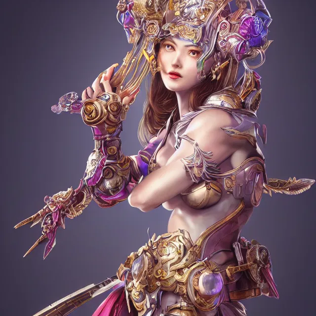 Image similar to studio portrait of lawful good colorful female divine mech paladin as absurdly beautiful, elegant, young sensual gravure idol, ultrafine hyperrealistic detailed face illustration by kim jung gi, irakli nadar, intricate linework, sharp focus, bright colors, matte, octopath traveler, final fantasy, unreal engine highly rendered, global illumination, radiant light, intricate environment