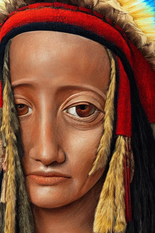 Image similar to hyperrealism close-up portrait lama in War bonnet in style of da Vinci