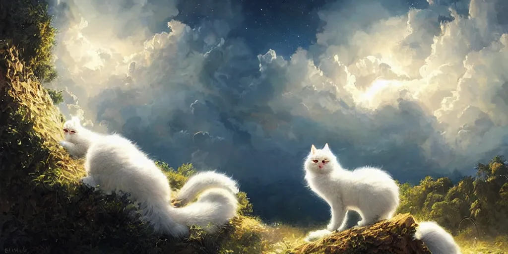 Prompt: a sending down [ of the revelation ] from a white fluffy cat who created the earth and the lofty heavens, overdetailed art, by greg rutkowski, by rhads, sharp focus