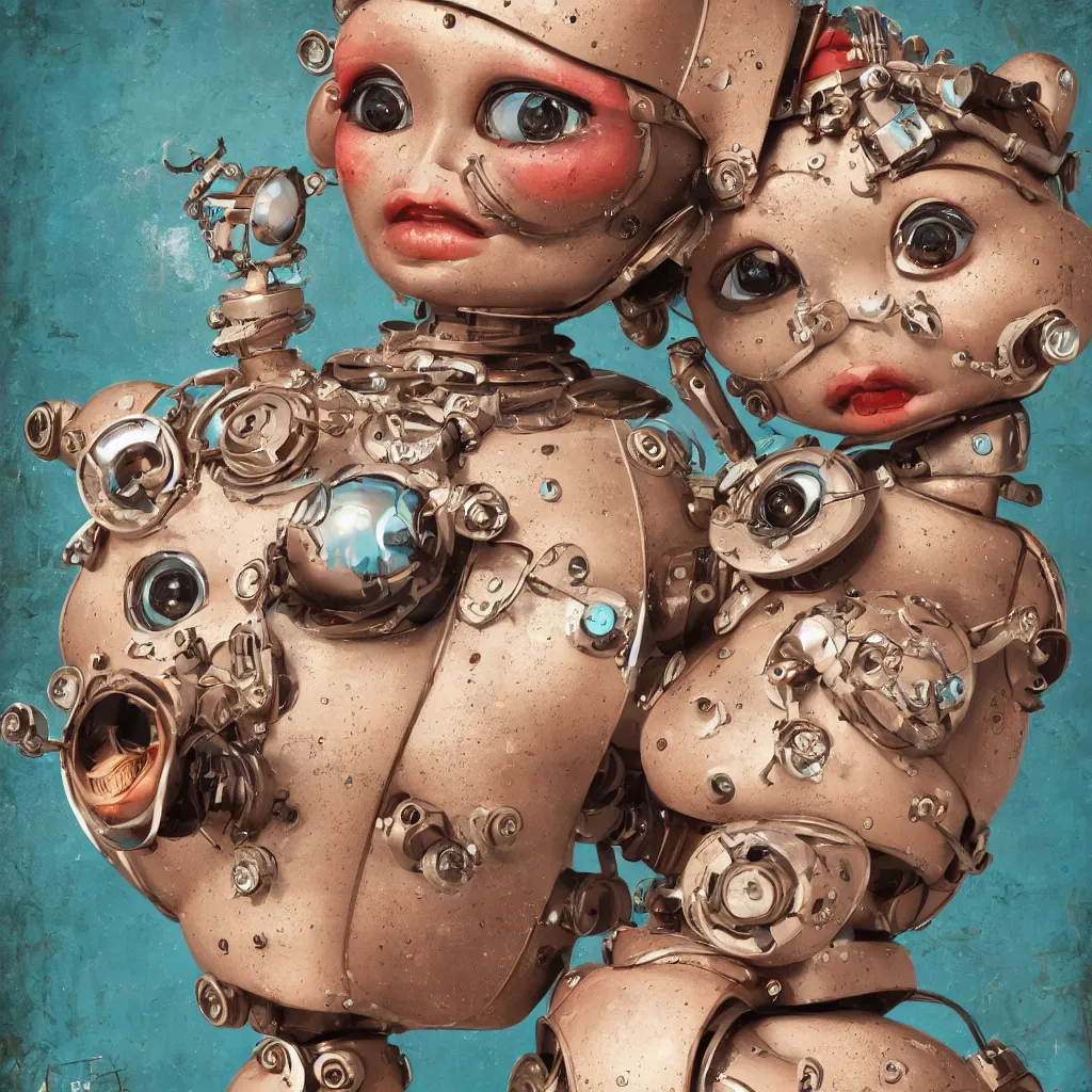 Image similar to closeup portrait of tin toy robot bikini girl trap, depth of field, zeiss lens, detailed, symmetrical, centered, fashion photoshoot, by nicoletta ceccoli, mark ryden, lostfish, breathtaking, 8 k resolution, extremely detailed, beautiful, establishing shot, artistic, hyperrealistic, octane render