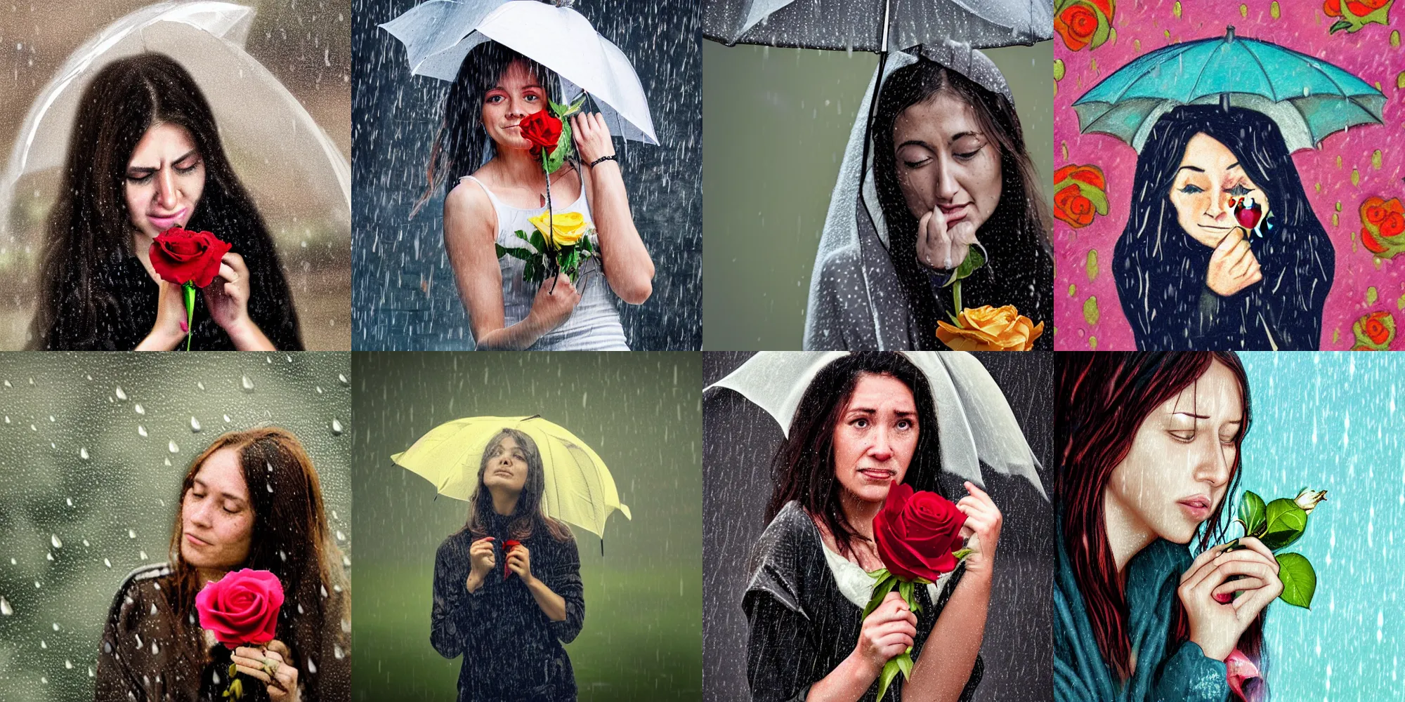 Prompt: a photograph of a teary - eyed women clutching a rose in the rain, photorealistic