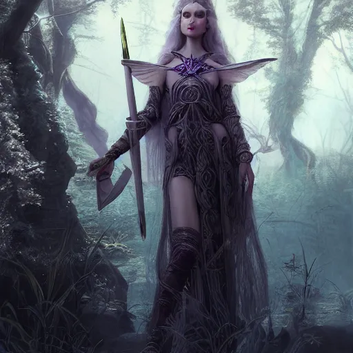 Prompt: picture generation, soft painting curiosities ornaments synthwave, beautiful elven female warrior in full long dress, accurate features, focus, very intricate ultrafine details, black white purple volumetric clouds, award winning masterpiece, octane render 8 k hd, tom bagshaw artstyle, fantasy forest