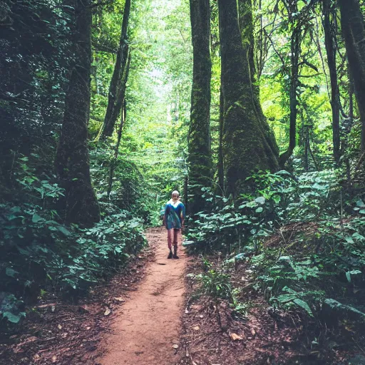 Image similar to lush forest trail, friendly skinwalker posing for camera, smiling, cryptid, professional photography