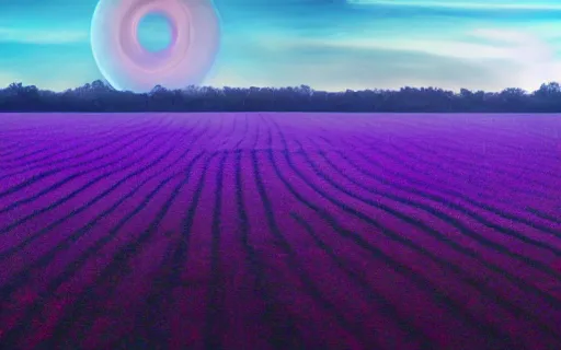 Image similar to the purple fields of Yavin 5 our alien exodus, planetary rings stretch across the sky fading away at the horizon, landscape photography 4k