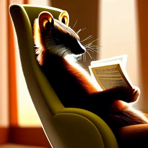 Image similar to An incredibly beautiful scene from a 2022 Marvel film featuring a humanoid pine marten reading on a couch. An anthropomorphic pine marten wearing a loose white shirt. 8K UHD.