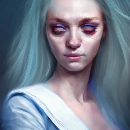 Prompt: I've had a rough day, healthcare worker, nurse, perfect eyes, full body shot, portrait, sad, tired, fantasy, beautiful face, medieval, vivid colors, elegant, concept art, sharp focus, digital art, Hyper-realistic, 4K, Unreal Engine, Highly Detailed, HD, Dramatic Lighting by Brom, trending on Artstation