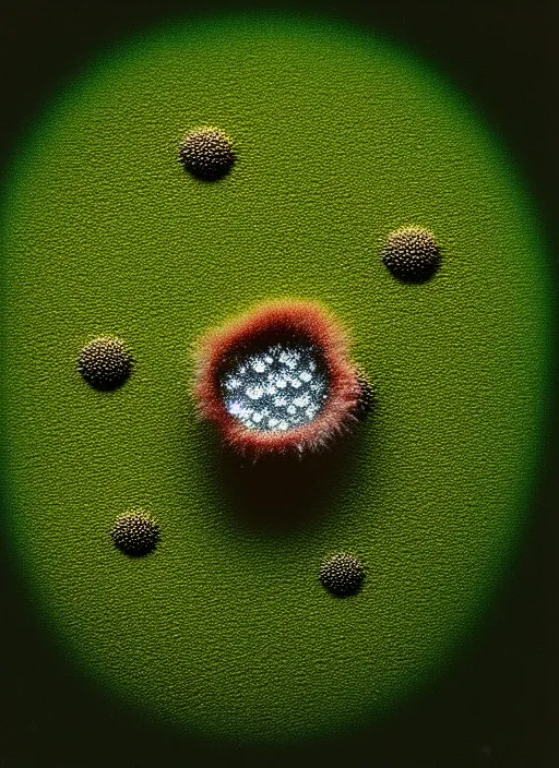 Image similar to realistic photo of a moist microbes bacteria petri cup, biology moss covered with white dots, fluffy microbe, user interface with pixels ; 1 9 9 0, microscope, closeup, bokeh, natural colors, kodak ektar, 2 0 0 iso, 3 5 mm lens, bill henson