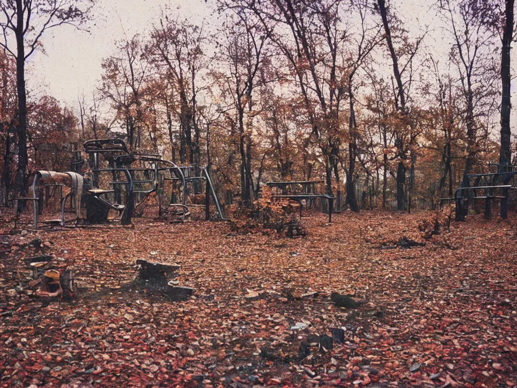 Prompt: a lomographic photo of abandoned playground of moscow, autumn, cinestill, bokeh