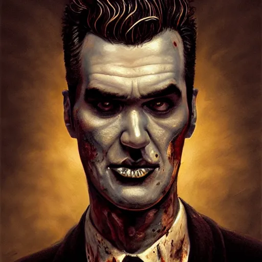 Image similar to portrait of a slim of morrissey from the smiths as a zombie with a quiff, 7 days to die zombie, fine art, award winning, intricate, elegant, sharp focus, cinematic lighting, digital painting, 8 k concept art, art by z. w. gu, art by brom, art by michael hussar, 8 k