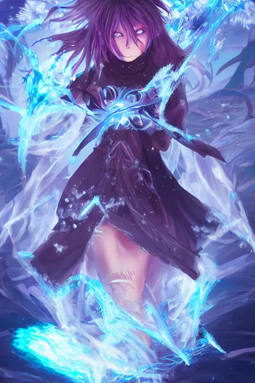 Prompt: anime sorceress surrounded by ice fractals while chanting a magical spell, anime fight, wlop, concept art, digital painting, trending on artstation, highly detailed, epic composition, 8 k uhd