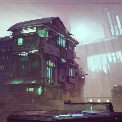 Image similar to cyberpunk mansion, D&D, sci-fi, elegant, hopeful, muscular, highly detailed, digital painting, artstation, concept art, smooth, sharp focus, illustration