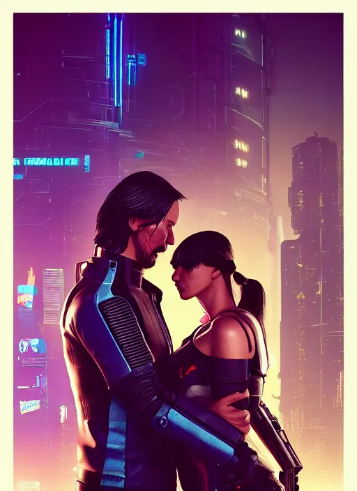 Image similar to a cyberpunk 2077 couple portrait of Keanu Reeves&female android in final kiss,love,film lighting,by Laurie Greasley,Lawrence Alma-Tadema,Dan Mumford,artstation,deviantart,FAN ART,full of color,Digital painting,face enhance,highly detailed,8K,octane,golden ratio,cinematic lighting