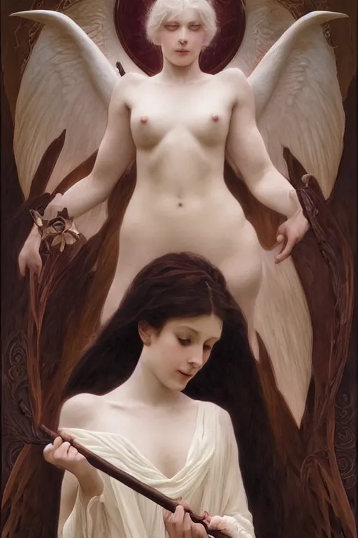 Image similar to Portrait of beautiful pale demonic angelic girl with devil\'s horns and nimbus, cinematic lighting, intricate, elegant, highly detailed, digital painting, artstation, smooth, sharp focus, illustration, art by artgerm and greg rutkowski and alphonse mucha and Wayne Barlowe and william-adolphe bouguereau